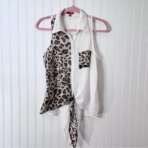 White Cream M Leopard Print Tank Top With Floral Lace Sheer Cute Girly Blouse